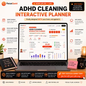 Könnte beinhalten: Ein Laptop zeigt das Dashboard des ADHD Cleaning Interactive Planner mit einem Fokus-Timer, Habit-Tracker und Aufgabenlisten. Auf dem Bildschirm ist der Text ADHD Cleaning Interactive Planner zu sehen. Ein schwarzes Notizbuch und eine schwarze Tasse mit Text stehen daneben.