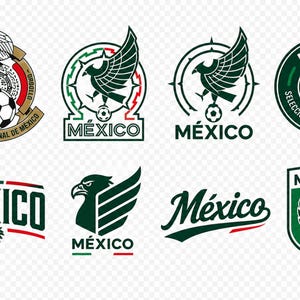 May include: A collection of eight distinct Mexico national football team logos featuring eagles, soccer balls, and the word Mexico in various green, white, and red color schemes, including circular, shield, and script-style graphic designs.
