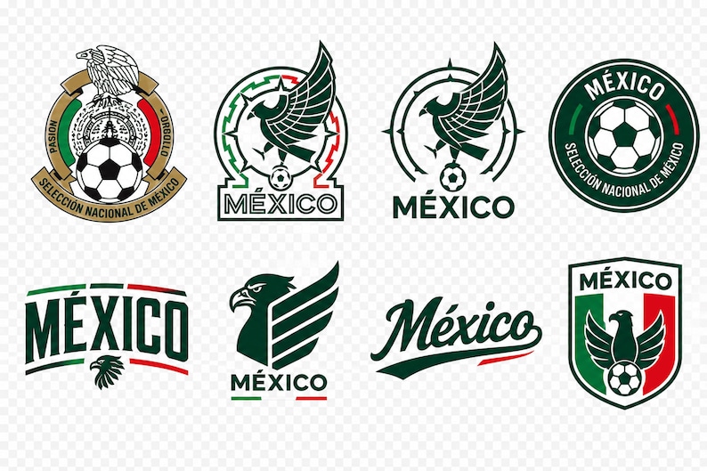 May include: A collection of eight distinct Mexico national football team logos featuring eagles, soccer balls, and the word Mexico in various green, white, and red color schemes, including circular, shield, and script-style graphic designs.