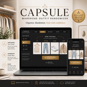 May include: A digital capsule wardrobe outfit randomiser application displayed on a laptop and a smartphone. The interface features a dark theme with gold accents, showing clothing categories, weather selection, and a spin the rail button.
