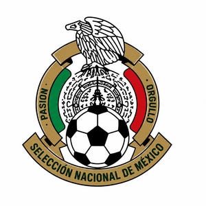 May include: A circular emblem featuring a black and white eagle perched on a cactus above a soccer ball. The design includes green and red side panels, gold borders, and the text PASION, ORGULLO, and SELECCION NACIONAL DE MEXICO in black lettering.
