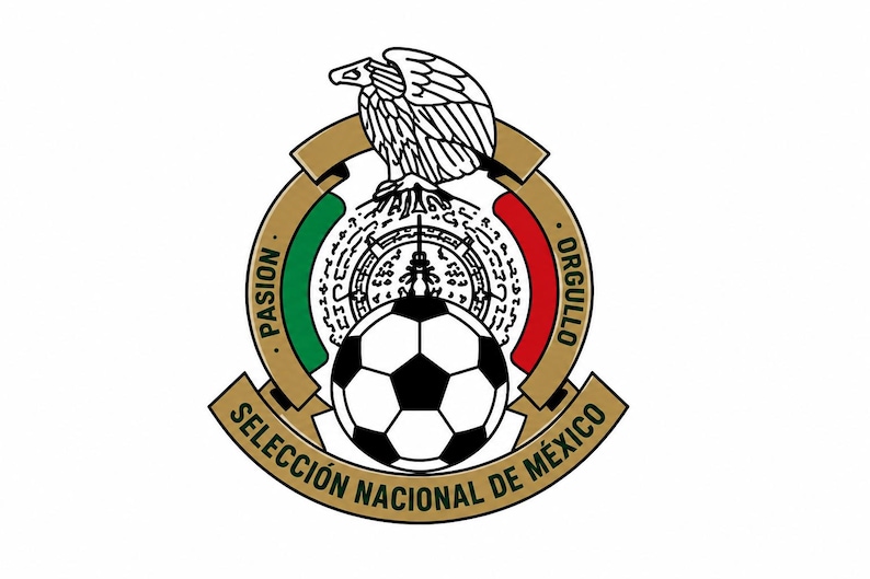 May include: A circular emblem featuring a black and white eagle perched on a cactus above a soccer ball. The design includes green and red side panels, gold borders, and the text PASION, ORGULLO, and SELECCION NACIONAL DE MEXICO in black lettering.