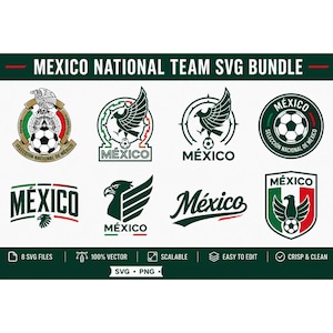 May include: A digital graphic collection titled MEXICO NATIONAL TEAM SVG BUNDLE featuring eight distinct logos. The designs incorporate soccer balls, eagle motifs, and the text MEXICO or MÉXICO in green, white, and red color schemes.