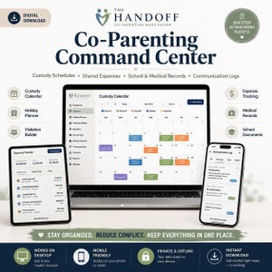 May include: A digital Co-Parenting Command Center displayed on a laptop, tablet, and smartphone. The screens show a custody calendar, expense tracker, and communication log. Text includes The Handoff, Co-Parenting Made Easier, and Stay Organized.
