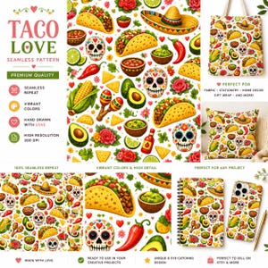 May include: A seamless pattern design featuring colorful illustrations of tacos, sugar skulls, avocados, chili peppers, corn, maracas, and roses on a white background. The text TACO LOVE SEAMLESS PATTERN is displayed in pink and green on the left side of the image.