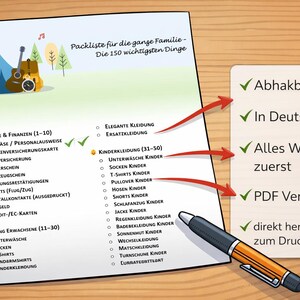Pode incluir: Uma lista de verificação alemã, "Packliste für die ganze Familie", com 150 itens essenciais, incluindo documentos, finanças e roupas. Inclui uma caneta, marcas de verificação e uma ilustração de acampamento. Disponível em PDF.