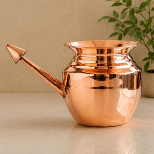 May include: A copper-colored watering can with a long spout and a rounded body. The can has a wide opening at the top and a handle-like extension. The shiny surface reflects light, highlighting its metallic finish. The watering can is likely used for gardening or decorative purposes.