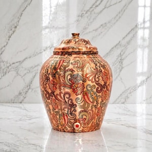 Jarra de agua de cobre puro hecha a mano de 10 litros / Recipiente Matka estampado con motivos ayurvédicos de melocotón