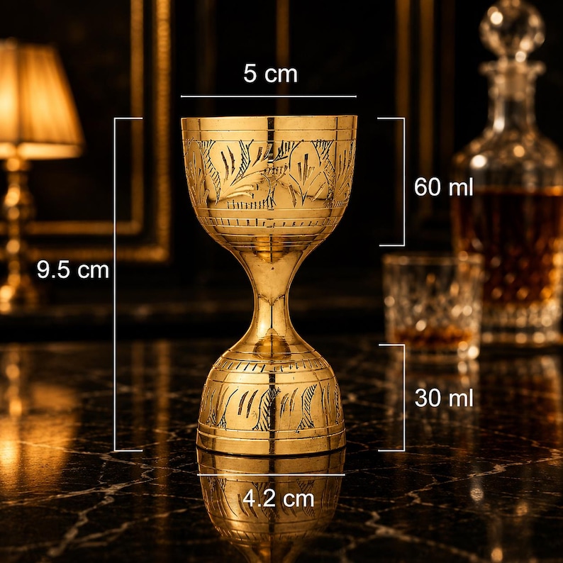 May include: A gold-colored, engraved metal shot glass, 9.5 cm tall and 5 cm wide, with a capacity of 60 ml. The base is 4.2 cm wide and holds 30 ml. The glass features an etched floral design.