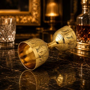 May include: A gold-colored double jigger with etched floral and geometric patterns. The jigger is lying on a dark, marble-like surface. A glass and a bottle are visible in the background, suggesting a bar or cocktail theme.