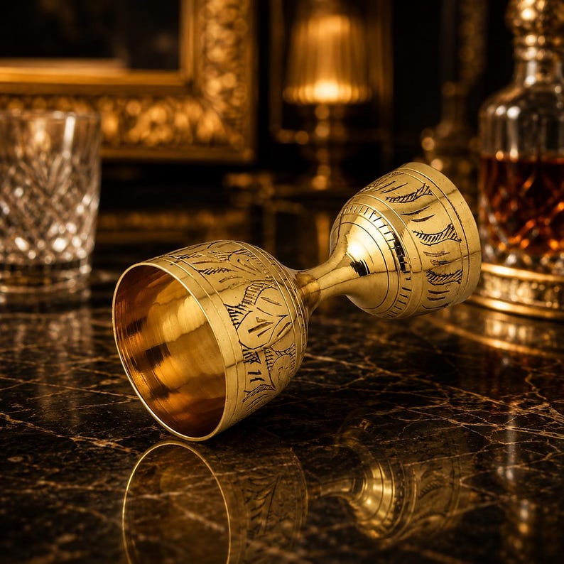 May include: A gold-colored double jigger with etched floral and geometric patterns. The jigger is lying on a dark, marble-like surface. A glass and a bottle are visible in the background, suggesting a bar or cocktail theme.