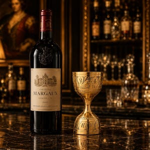 May include: A bottle of Chateau Margaux Grand Vin 2015 wine with a gold goblet on a marble surface. The wine bottle has a red top and a cream-colored label with the name and year. The goblet has an ornate design.