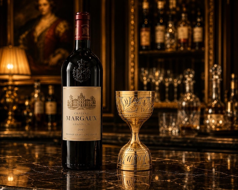 May include: A bottle of Chateau Margaux Grand Vin 2015 wine with a gold goblet on a marble surface. The wine bottle has a red top and a cream-colored label with the name and year. The goblet has an ornate design.