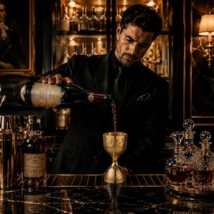 May include: A bartender pouring red wine into a gold-colored jigger. The bar is well-stocked with bottles and bar tools. A bottle of Aberlour 18 is visible. The bar has a dark, luxurious aesthetic with a painting and a lamp.