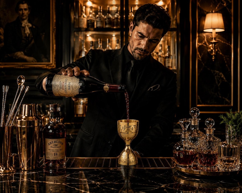 May include: A bartender pouring red wine into a gold-colored jigger. The bar is well-stocked with bottles and bar tools. A bottle of Aberlour 18 is visible. The bar has a dark, luxurious aesthetic with a painting and a lamp.