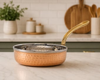 Pannenset van gehamerd koper met messing handvat, luxe mini-koekepan, roestvrijstalen kookgerei, Indiase handgemaakte keukenpan