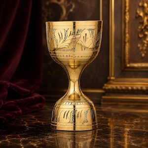 May include: A golden chalice with intricate leaf and line engravings. The cup has a wide top, a slender stem, and a detailed base. The chalice is made of a shiny, reflective metal, and is set against a dark background.