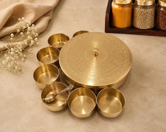 Handmade Brass Masala Box with 7 Containers – Indian Kitchen Spice Storage Housewarming Gift
