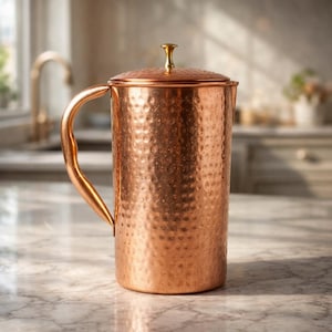 Puede incluir: Una jarra de cobre con textura martillada, un asa curvada y una tapa con un pequeño pomo dorado. La jarra es cilíndrica y está sobre una encimera de mármol. El diseño es rústico y elegante.