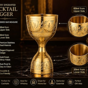 May include: A gold-colored cocktail jigger with an engraved floral design. The double-sided bar measure has a 60ml upper side and a 30ml lower side. The text on the image reads "Luxury Engraved Cocktail Jigger".
