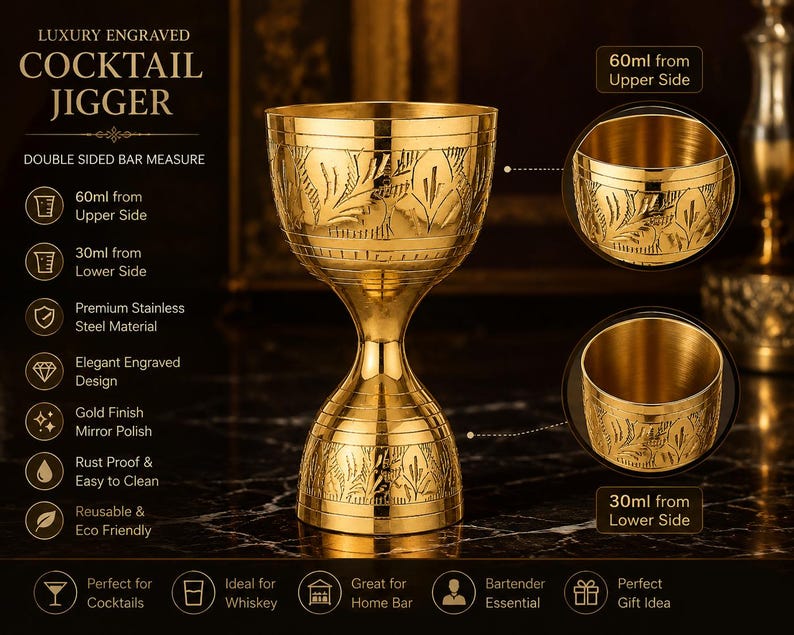 May include: A gold-colored cocktail jigger with an engraved floral design. The double-sided bar measure has a 60ml upper side and a 30ml lower side. The text on the image reads "Luxury Engraved Cocktail Jigger".