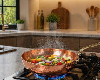 Sartén de cobre hecha a mano de 350 ml / Utensilios de cocina de cobre indio martillado / Sartén con mango de latón