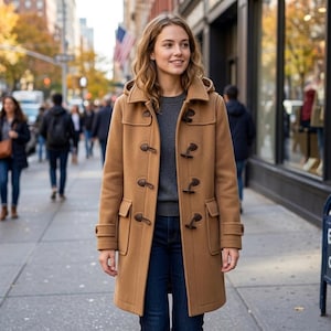 May include: A tan duffel coat with a hood and toggle closures. The coat has two front pockets and is worn over a gray sweater and blue jeans. The coat is knee-length and made of a wool-like material.