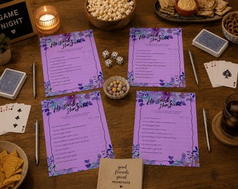 Juego de despedida de soltera "Él dijo, ella dijo": Parejas con estampado floral morado (PDF, descarga instantánea)