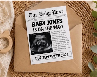 Plantilla de invitación para baby shower / Anuncio de periódico en Canva (Descarga digital)