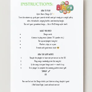 Puede incluir: Una hoja blanca con instrucciones para el "Bingo After Hours". El texto incluye c&oacute;mo jugar, qu&eacute; necesitas y c&oacute;mo funciona el juego. Un colorido logo de "BINGO" est&aacute; en la parte superior derecha.