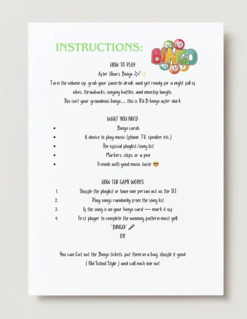 Puede incluir: Una hoja blanca con instrucciones para el "Bingo After Hours". El texto incluye c&oacute;mo jugar, qu&eacute; necesitas y c&oacute;mo funciona el juego. Un colorido logo de "BINGO" est&aacute; en la parte superior derecha.