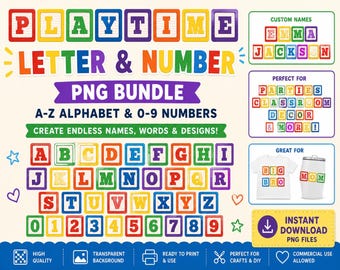 Paquete de imágenes PNG de letras y números para jugar / Imágenes prediseñadas de alfabeto en bloques coloridos (descarga instantánea)