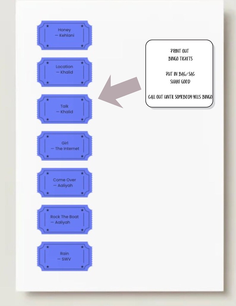 Puede incluir: Una hoja blanca con tarjetas azules que muestran t&iacute;tulos de canciones y artistas. Un cuadro contiene instrucciones para un juego: "PRINT OUT BINGO TICKETS, PUT IN BAG/SAC, SHAKE GOOD, CALL OUT UNTIL SOMEBODY YELLS BINGO."