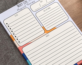 May include: A white notepad with a colorful geometric design. The notepad has a section for "To Do", "Call or Email", and "Notes". The notepad also has the text "Mary Lian, PT Physical Therapy" at the top.