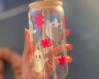 Halloween Ghost Glass Cup, Daisy Design, 16oz
