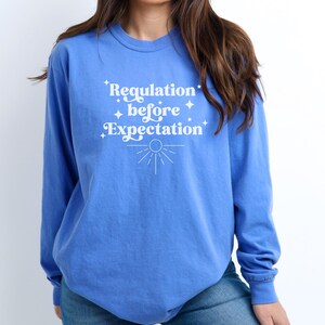 Könnte beinhalten: Blaues Langarm-Sweatshirt mit dem weißen Text "Regulation before Expectation". Das Design umfasst Sternakzente und eine Sonnensymbol-Grafik. Das Sweatshirt ist einfarbig und hat einen Rundhalsausschnitt.
