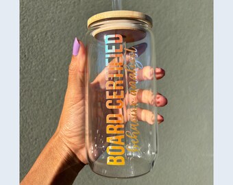 BCBA Glass Coffee Cup, Holographic Vinyl, Bamboo Lid