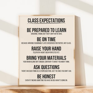 Puede incluir: Un cartel de aula imprimible en blanco y negro con el texto "Expectativas de clase" y una lista de expectativas para los estudiantes, que incluyen "Estar preparado para aprender", "Ser puntual", "Levantar la mano", "Traer los materiales", "Hacer preguntas" y "Ser honesto".
