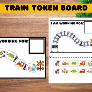 May include: A printable train token board game for kids. The board has a train track with a train station and a crossing sign. There are also train tokens to cut out and use with the game.