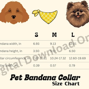 May include: A size chart for pet bandanas and collars, showing measurements in inches for small, medium, and large sizes. The chart includes bandana width, bandana height, collar circumference, and collar width.