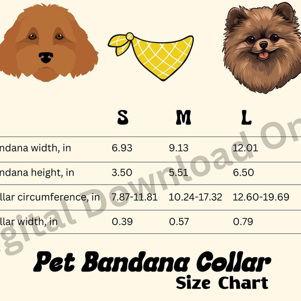 Printify Pet Bandana Collar Size Chart, Printify bandana collar care instructions, dog bandana digital download