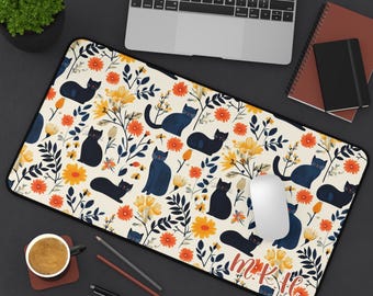 Tapete de escritorio personalizado con diseño floral de gato: accesorio moderno de mediados de siglo para la oficina en casa.