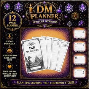 May include: A printable D&D DM Planner featuring a 12-page layout with a dragon and castle illustration on the cover. The set includes various templates for tracking NPC locations, encounters, treasure, loot, and session notes in a black and white design.
