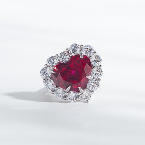 7.4ct Heart Cut Lab Ruby Ring, Sterling Silver Sparkling CZ Halo Ring, July Birthstone Luxury Wedding Ring, Eternal Love Promise Ring
