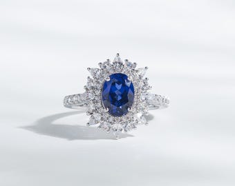 Oval Cut Lab Grown Blue Sapphire Engagement Ring, S925 Sterling Silver Double CZ Halo Ring, September Birthstone Jewelry