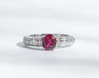 1 Carat Oval Cut Lab Grown Ruby Engagement Ring, Hidden Zircon Halo Shank Half Eternity Handcrafted Band, July Birthstone Anniversary Ring
