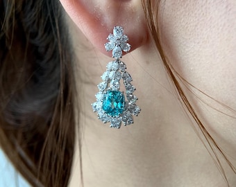Paraiba Tourmaline Dangle Drop Earrings, Neon Vivid Blue Cushion Cut Paraiba Earrings, Luxury Chandelier Gem Jewelry