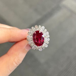 6 Carat Oval Cut Lab Grown Ruby Statement Wedding Ring, Vintage Pavé‑Set CZ Halo Accents, 925 Sterling Silver Handmade Ring for Women