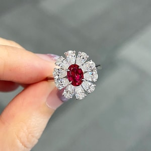 925 Sterling Silver Oval Cut Lab Grown Ruby Flower Design Ring, July Birthstone Handmade Engagement Promise Ring, Valentine Gift for Women