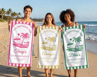 Personalized Birthday Beach Towel,Custom Name Towel,Birthday Beach Vacation Towel,Tropical Palm Birthday Towel,Beach Club Birthday Towel